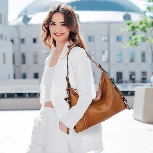 Vista 2 de Heshe - Bolso de cuero vintage para mujer, bolsos de diseño, con manija Soft, Genuine Leather