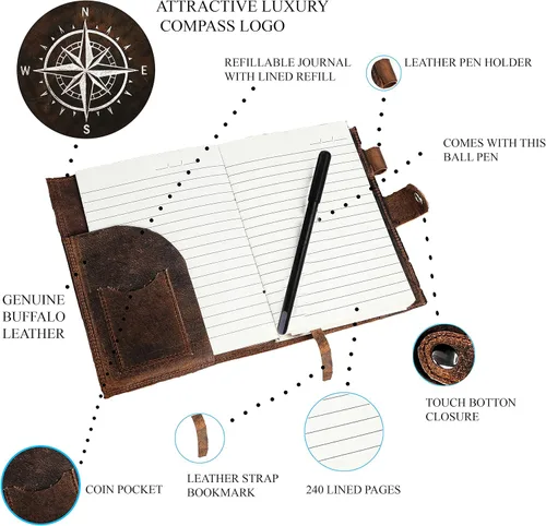Vista 4 de Diario de cuero para hombres y mujeres – Cuaderno de cuero de brújula forrado recargable de alta calidad con bolígrafo, ranura para monedas