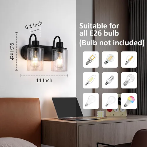 Vista 2 de Lámpara de baño negra mate sobre espejo, lámpara de tocador de baño de 2 luces con pantalla de vidrio transparente, apliques de pared modernos