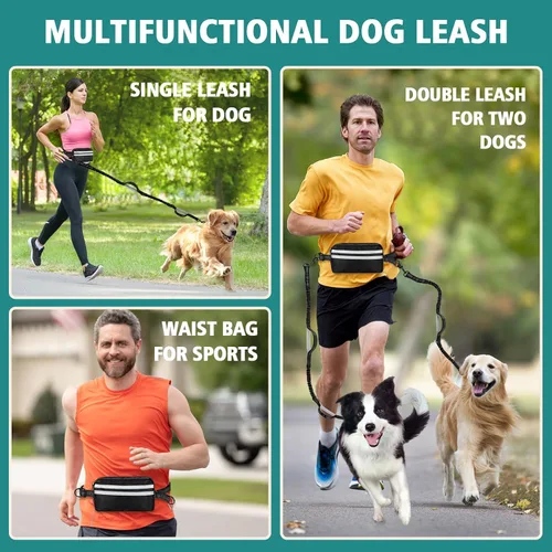 Vista 4 de Correa doble para perros con cierre de seguridad, bolsa de cintura para 2 perros Extra-Thick Shock Absorbing Waist Belt, for Dog Walking Running
