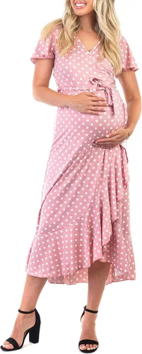 Vista 6 de Mother Bee Maternity Vestido de volantes de manga mariposa con cinturón ajustable Dkdenim