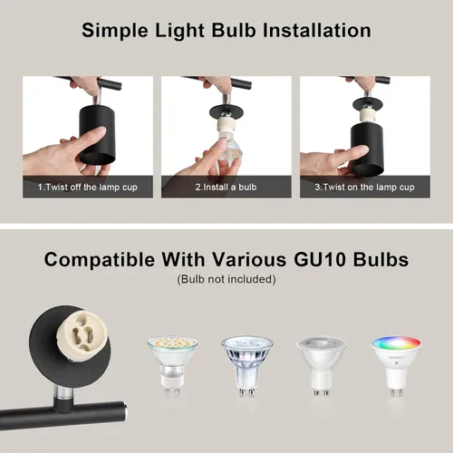 Vista 6 de Ketom Luminarias de Riel de Techo de 4 Luces, Foco LED de Techo Negro GU10, Kit de Luz de Riel Moderno para Cocina Pasillo Sala de Estar