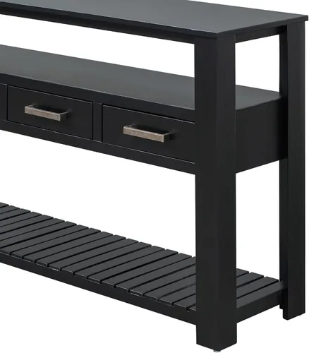 Vista 9 de LUMISOL Mesa consola con 4 cajones y estantes abiertos de 3 niveles, mesa de sofá de madera detrás del sofá con asas de metal, mesa de entrada
