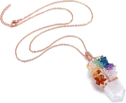 Vista 2 de Top Plaza Collar de piedra preciosa de cristal curativo natural, árbol de la vida, collar con colgante de punta de piedra envuelta en alambre