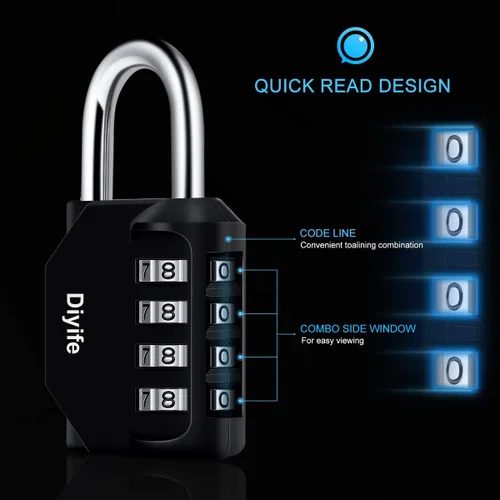 Vista 2 de Candado de combinación con cuatro dígitos, Diyife, candado para casillero resistente a la intemperie, candado de combinación para exterior