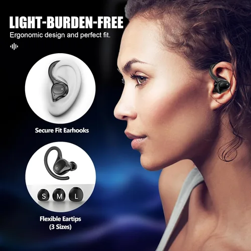 Vista 2 de APEKX Auriculares inalámbricos verdaderos, ganchos de ajuste seguro para orejas pequeñas, auriculares Bluetooth para iPhone, IPX7 impermeable