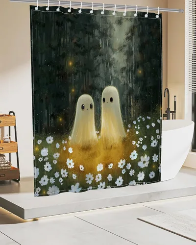 Vista 7 de Lindameler Cortina de ducha de Halloween de tela espeluznante, bonita cortina de baño de fantasma, decoración con 12 ganchos de 72 x 72 pulgadas