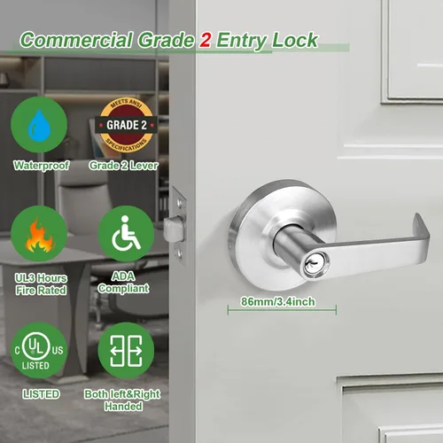 Vista 2 de ANSI Grado 2 Manija de Puerta de Entrada Comercial con Llave, Certificada UL, Cumple ADA, Cromo Satinado 26D, GRD2-72ET-1P