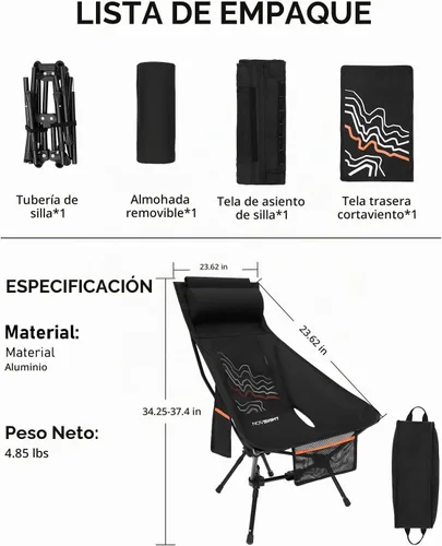 Vista 2 de Silla de camping portátil de respaldo alto con reposacabezas y pies Panel de línea de contorno negro