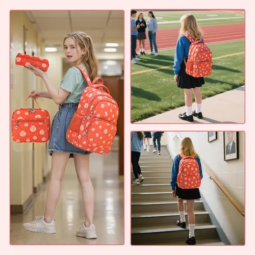 Vista 20 de goldwheat Mochilas impresas margaritas con paquete de almuerzo, estuche de lápices 3pcs, bolsa ligera resistente al agua para la escuela secundaria