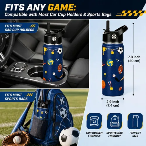 Vista 7 de Botella de agua deportiva de 16 onzas para niños, botella aislada de acero Sports Balls