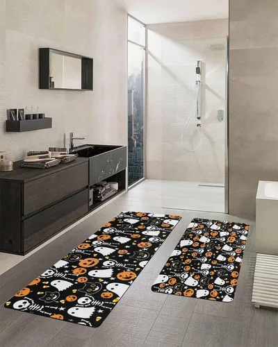 Vista 2 de Tapete de baño negro de Halloween para bañera, antideslizante, secado rápido y absorbente, tierra de diatomeas, fregadero de cocina, lavable
