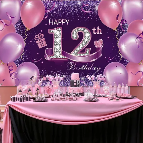 Vista 4 de Decoraciones de fiesta de cumpleaños, pancarta grande de tela de feliz 12 aniversario, fondo de cabina de fotos rosa y morado con cuerda para fiesta