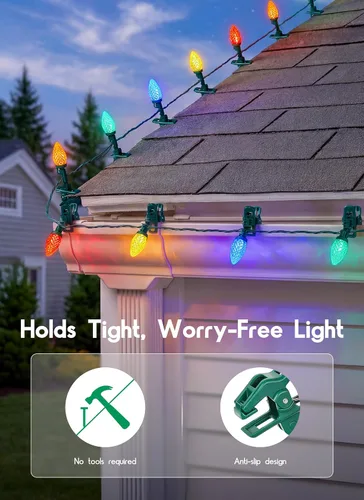 Vista 3 de Luces LED C9 de Navidad para Exteriores, 68 Pies, 100 Luces LED de Cadena con Clips Rápidos, Grado Comercial Extensibles Impermeables Luces