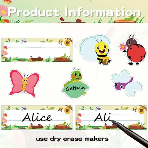 Vista 3 de BeYumi Juego de 60 placas de identificación de insectos, detalles de aula, etiquetas de nombre para el regreso a clases, mariposa, mariquita, abeja