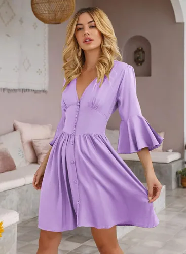 Vista 2 de Mini vestido casual de verano para mujer, vestido con botones, manga corta, cintura alta, longitud hasta la rodilla, vestido de túnica liso fruncido