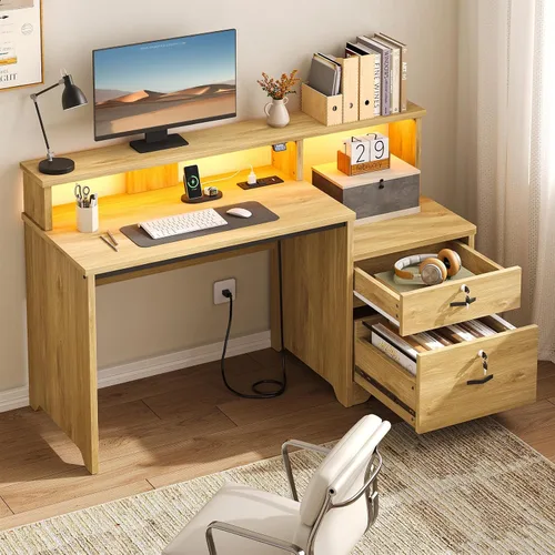 Vista 2 de Bestier Escritorio para computadora de 55 pulgadas con tomas de corriente y luces LED, escritorio de oficina en casa con cajón de archivos