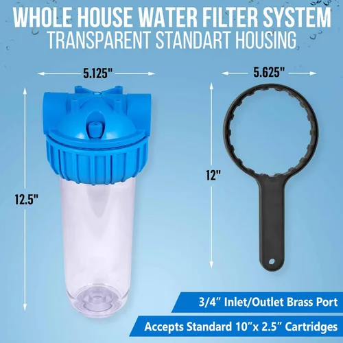 Vista 2 de Sistema de filtro de agua estándar transparente de 10 pulgadas para toda la casa con válvula de alivio de presión, puerto de latón de entrada/salida