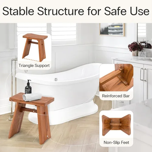 Vista 4 de StrongTek Taburete de ducha de teca, banco de baño de madera de teca maciza preaceitada de 18 pulgadas para baño, spa y hogar, asiento ergonómico
