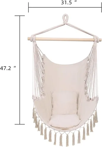 Vista 5 de Silla hamaca colgante de cuerda con borla, máximo 330 libras, 2 cojines incluidos, silla colgante grande de macramé con bolsillo, tejido de algodón