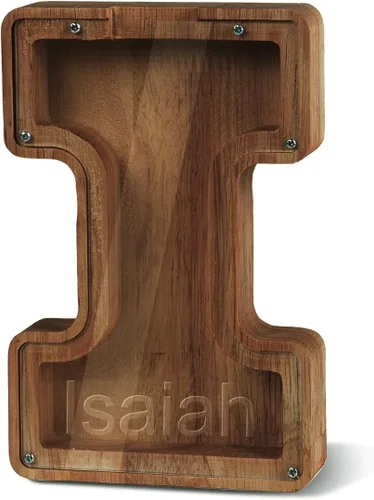 Vista 56 de Alcancía con nombre personalizado, 26 letras láser con texto personalizado, banco de monedas de madera, significado educativo, alcancía con nombre