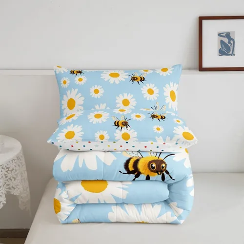 Vista 5 de Erosebridal Juego de edredón de abeja de dibujos animados, tamaño individual, juego de ropa de cama floral de margarita blanca lisa para niños