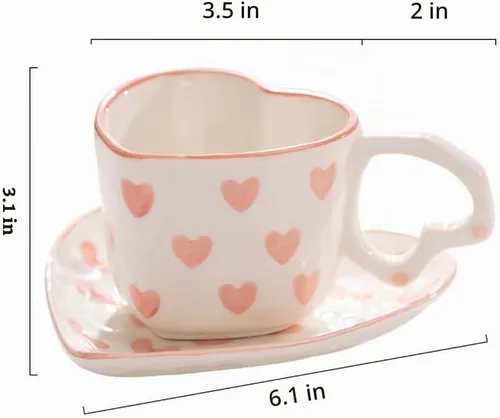 Vista 2 de WAIT FLY Juego de tazas de café de cerámica en forma de corazón con platillo, taza de té, taza de desayuno, plato de postre, rosa, 8 onzas