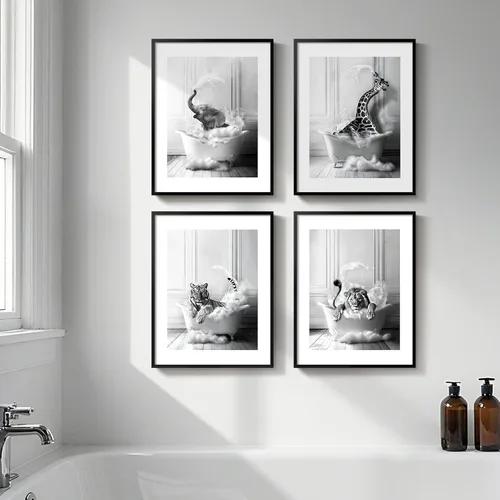 Vista 14 de Arte de pared divertido de vaca de las tierras altas enmarcado para baño, 4 piezas de divertidos animales, impresiones artísticas azul marino, linda