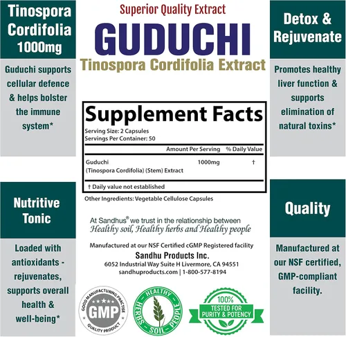 Vista 3 de Sandhu's Guduchi (Tinospora Cordifolia) Giloy 100 cápsulas vegetarianas de apoyo inmunológico 1000mg por porción