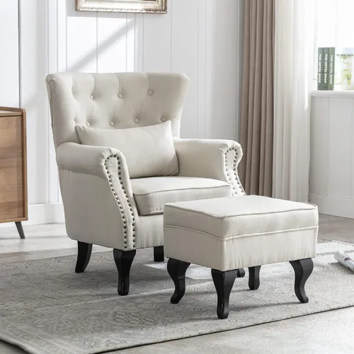Vista 4 de chairus Silla de Acento Moderna de Mediados de Siglo con Otomana, Cómoda Silla Individual de Sofá de Lino con Botones Capitoné Sillón Orejero