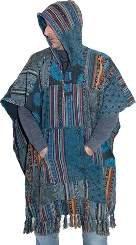 Vista 2 de manakamana Poncho de retazos con bolsillo grande, 100% algodón pesado, poncho mexicano Baja con capucha para hombre