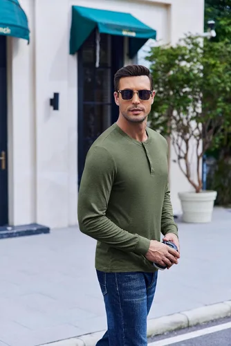 Vista 7 de COOFANDY Camiseta Henley de Manga Larga para Hombre Camisas Pullover Casuales Ligeras Camisetas Básicas Suaves Elásticas Tops de Otoño