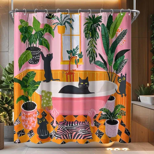 Vista 11 de Divertida cortina de ducha con diseño de gatos negros, estilo bohemio, bonita, divertida, para baño, gatito, verde, hojas tropicales, beige, marrón