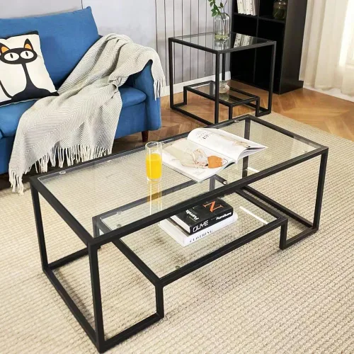 Vista 5 de Mesa de centro de cristal de metal negro, mesa de centro simple para sala de estar, hogar, mesa de centro con marco de metal con 2 estantes, mesa
