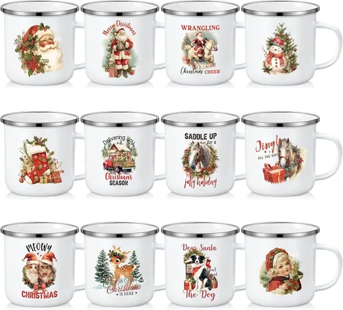 Vista 7 de Zhehao 9 tazas de Navidad de 11 onzas, tazas de chocolate caliente de temporada, lindas tazas de té esmaltadas rojas y blancas para café, cacao