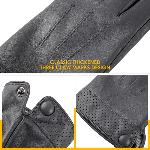 Vista 5 de Dsane Guantes de cuero de oveja genuina de invierno para hombres, guantes de motocicleta de conducción con forro de cachemira para pantalla táctil
