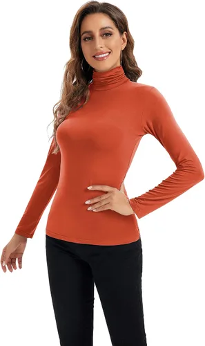 Vista 2 de Camiseta de manga larga con cuello alto para mujer, suave, elástica, capa base ajustada.