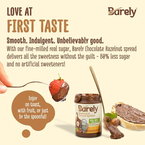 Vista 5 de Barely Crema de cacao con avellana, bajo en azúcar, vegano y keto Real sugar micromilled 10x sweeter — just 3.2g sugar per serving. Vegan