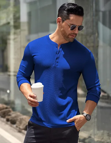 Vista 35 de COOFANDY Camisas Henley de manga larga para hombre, camisetas elásticas acanaladas, camisetas básicas casuales de moda