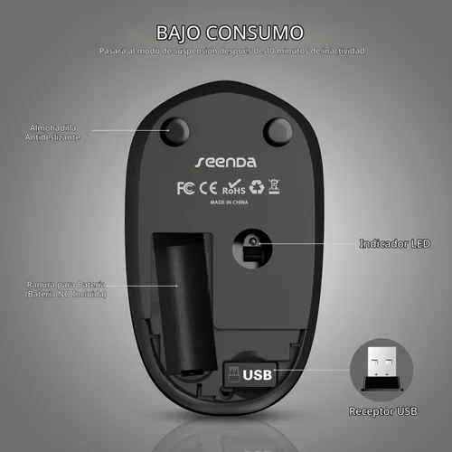 Vista 6 de Seenda - Ratón inalámbrico de 2.4G, con nanoreceptor USB, clic silencioso para computadora, portátil, PC, tableta, Mac - Negro Pequeño diseño