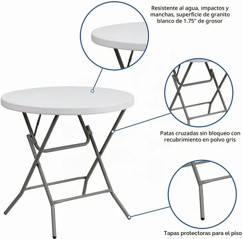 Vista 4 de Flash Furniture Elon Mesa plegable redonda de plástico blanco granito de 2.63 pies, color blanco