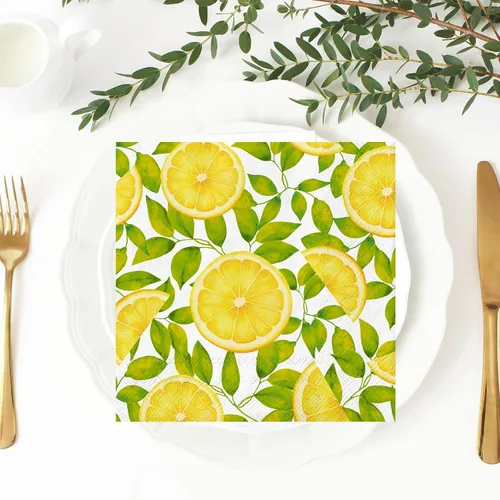 Vista 5 de Whaline 80 servilletas de papel de limón de verano, servilletas desechables de cítricos amarillos, ramas de limón, servilletas de cena para verano