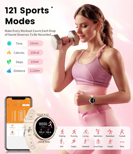 Vista 5 de LIGE Relojes inteligentes para mujeres (Responder/Realizar llamada) con diamantes, reloj inteligente AMOLED de 1.19” con monitor de ritmo