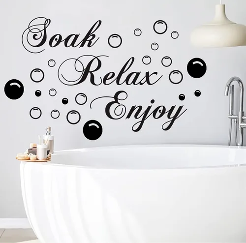 Vista 5 de Calcomanías de pared de baño, calcomanías negras con calcomanías de burbujas, hermosas palabras artísticas de pared, calcomanías para despegar
