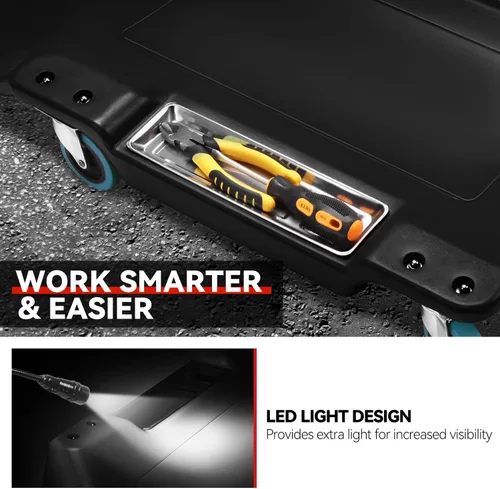 Vista 3 de Auto Dynasty Tablilla rodante de 40 pulgadas para reparación mecánica automotriz en el garaje, de perfil bajo, con luz LED y reposacabezas Negro