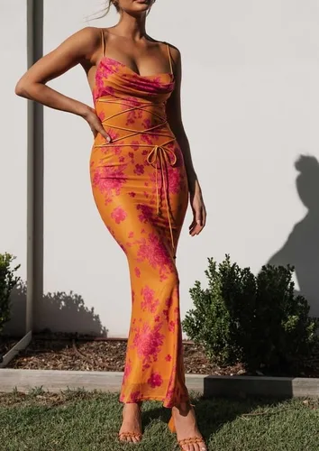 Vista 3 de Vestido largo con estampado de flores para mujer, con tirantes delgados, vestido largo floral, sexy, con tirantes delgados, vestido de cóctel