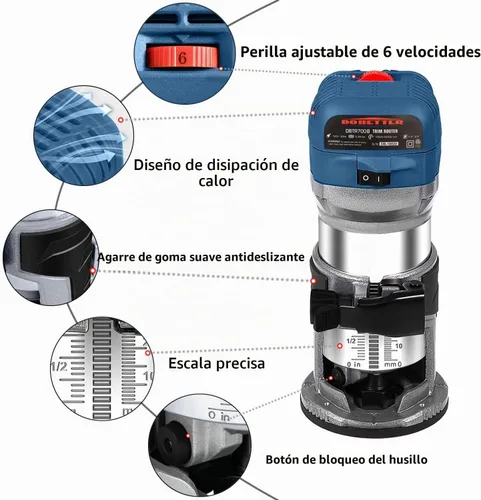 Vista 2 de Dobetter Herramienta de Router de Madera de 1.25HP, Router Eléctrico de Recorte de 6.5 Amperios, Router de Palma Compacto de 6 Velocidades Variables