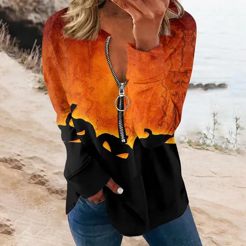 Vista 3 de Ropa de otoño para mujer 2023 con estampado de Halloween, media cremallera, cuello en V, manga larga, trajes cómodos