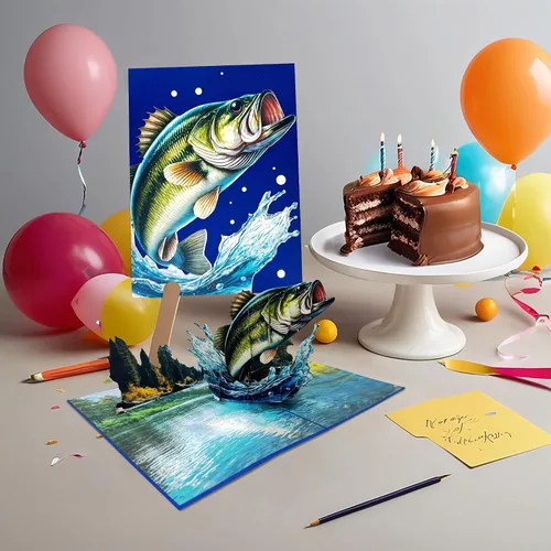 Vista 7 de Bass Fish - Tarjeta de felicitación emergente 3D Diseño de tarjeta de cumpleaños emergente hecha a mano simbólica para cumpleaños, aniversarios