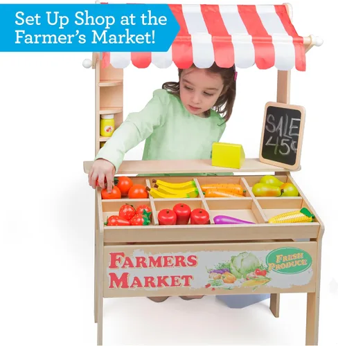 Vista 2 de Juguete de Puesto de Mercado de Agricultores de Madera - Más de 30 Piezas de Comida Incluyen Frutas, Verduras, Pizarra y Caja Registradora - Juego